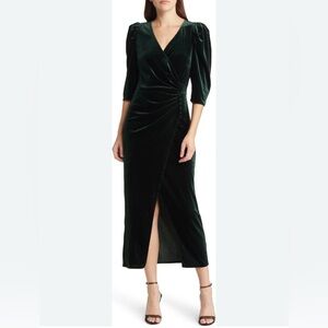 Chelsea 28 Emerald Green Velvet Wrap Dress, Puff Sleeve, Ruching, Flattering Med